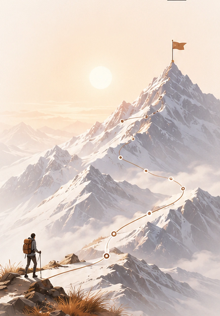 A climber following a steady path toward a snow-covered mountain summit